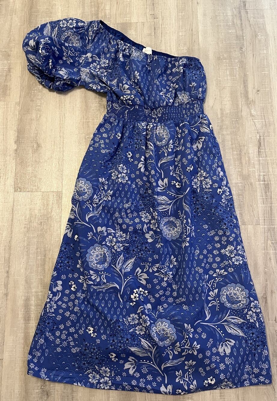Blue Floral Puff Sleeve Coquette Dress Off Shoulder Milk Maid  SMidi Pockets